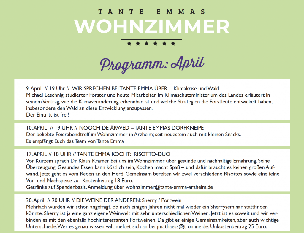 Programm Tante Emmas Wohnzimmer und Arzheimer Bote April 2026