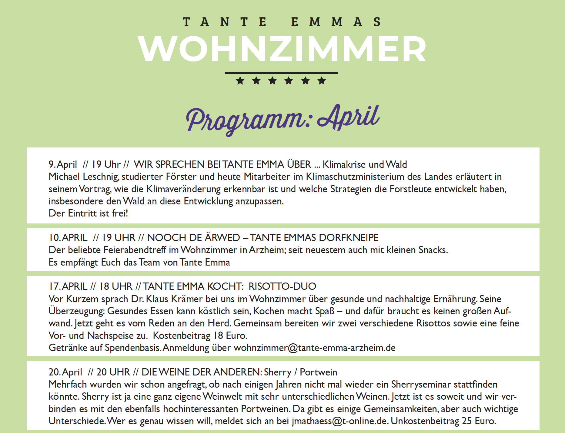 Programm Tante Emmas Wohnzimmer und Arzheimer Bote April 2026